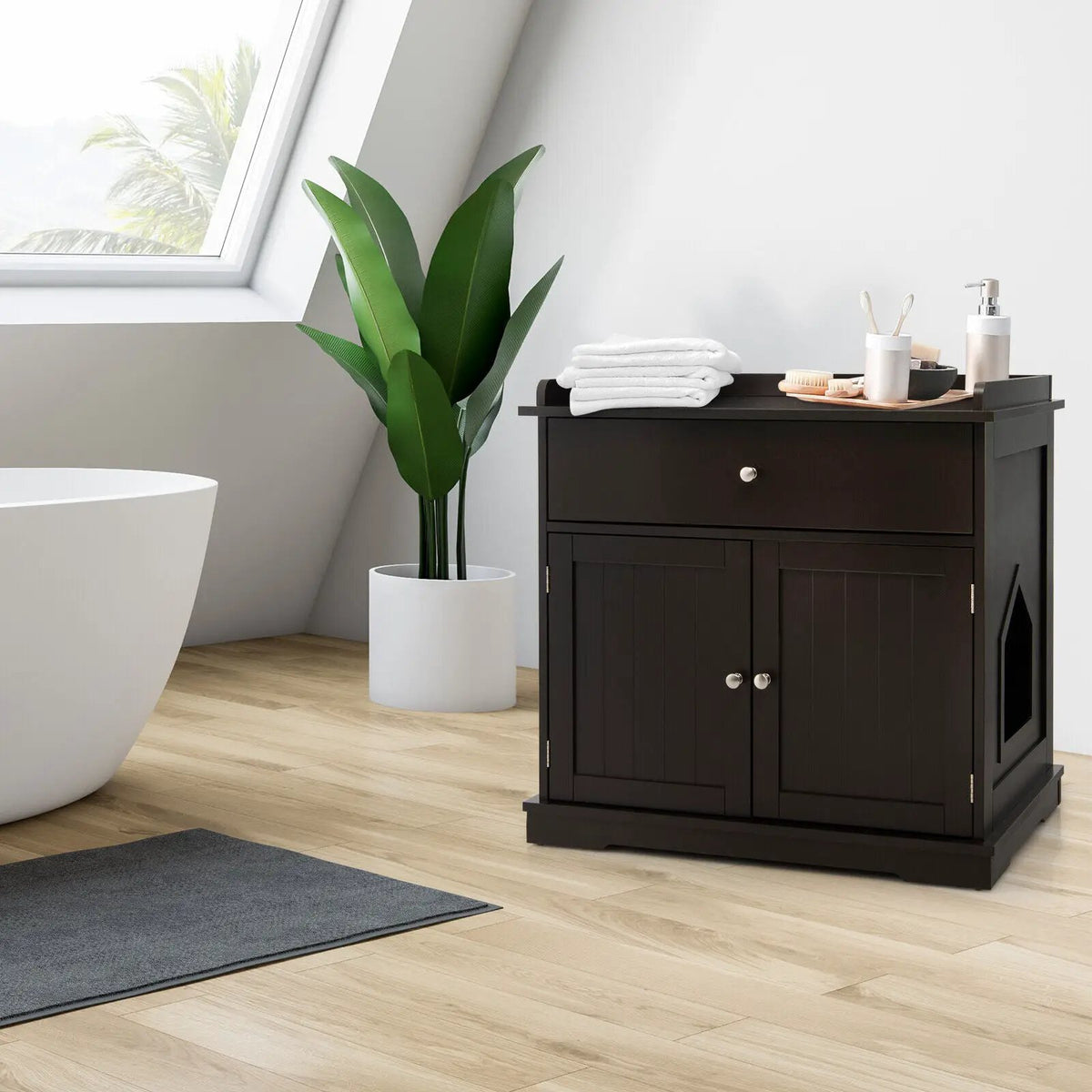 Wooden Cat Litter Box Enclosure with Drawer Side Table Furniture, photo 8 of 9