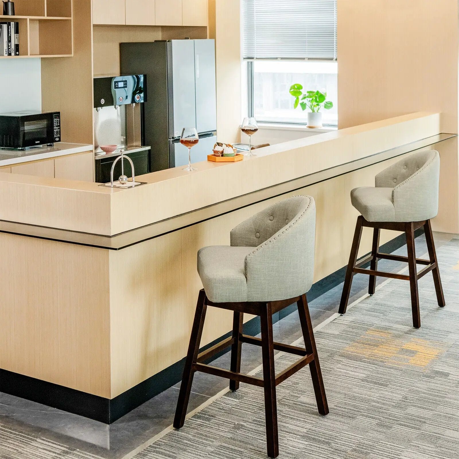 Set of 2 Swivel Bar Stools with Rubber Wood Legs and Padded Back by DirectDeals