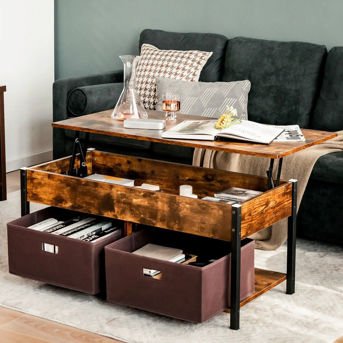 Lift Top Coffee Table Central Table with Drawers and Hidden Compartment for Living Room