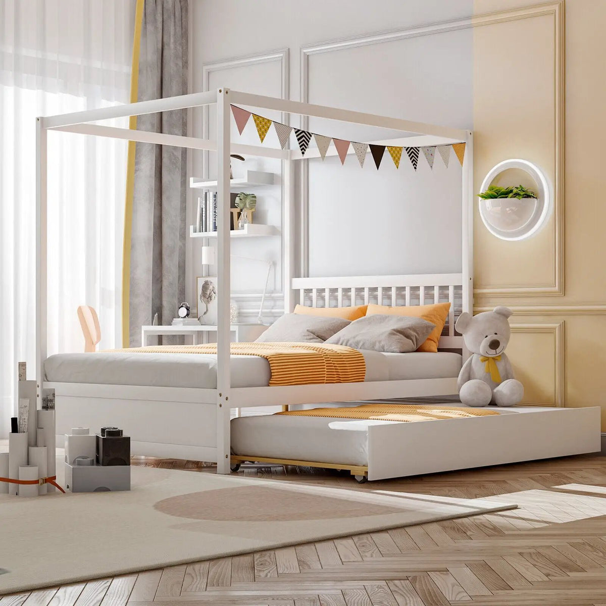 Full Size Canopy Bed with Trundle Wooden Platform Bed Frame Headboard