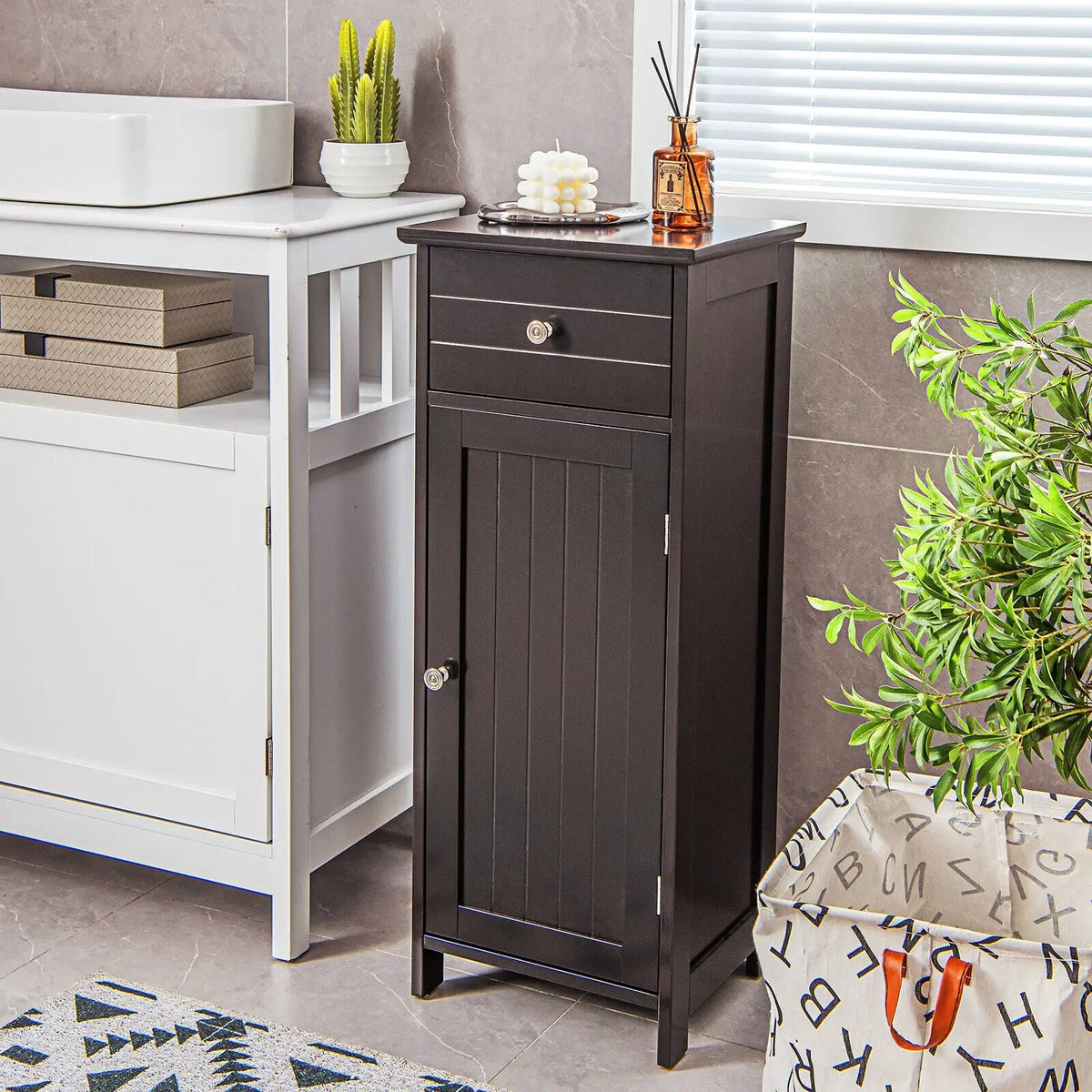 Wooden Bathroom Floor Storage Cabinet with Drawer and Shelf, photo 3 of 32