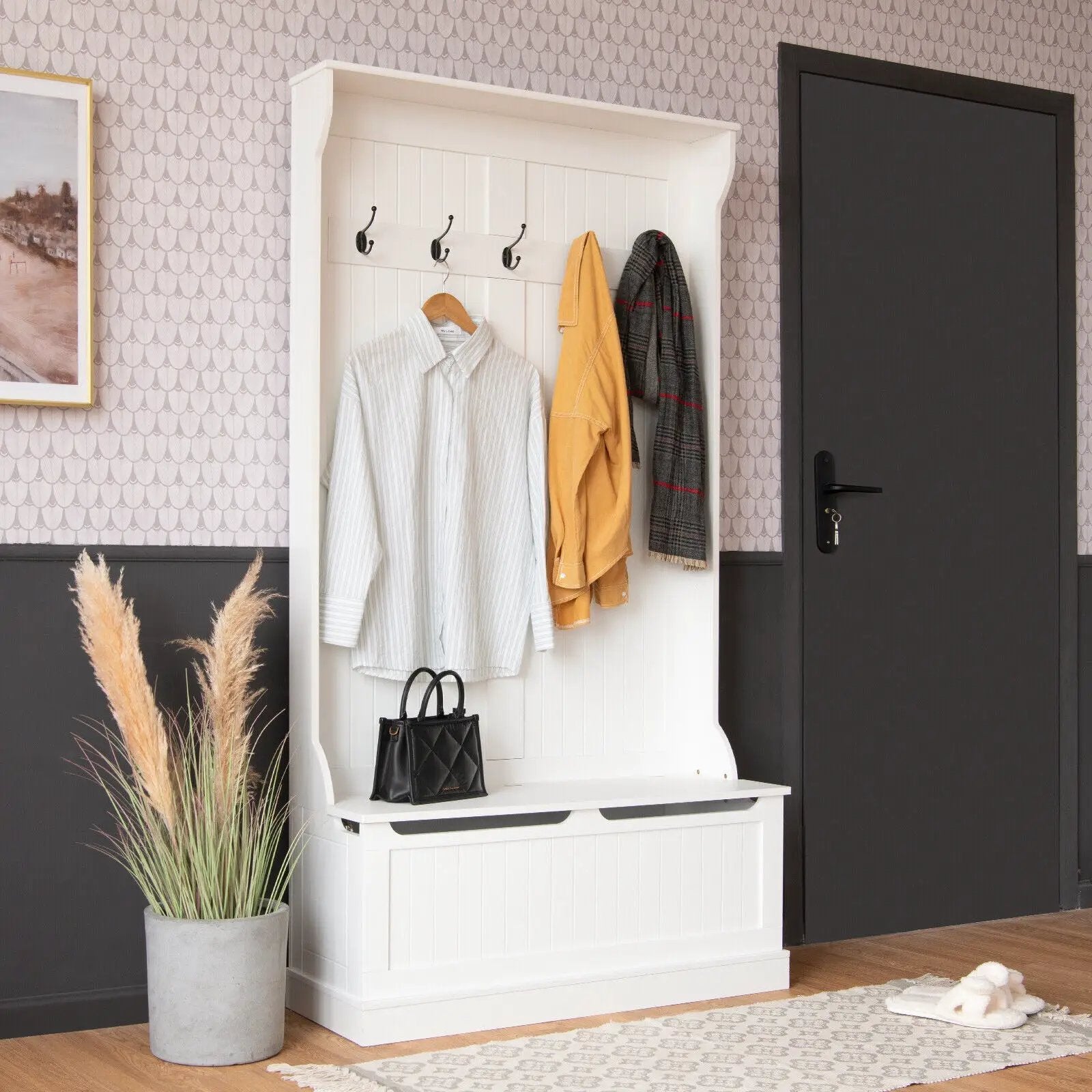 3-in-1 Entryway Hall Tree Coat Rack Shoe Bench with Hooks and Bottom Storage-White by DirectDeals