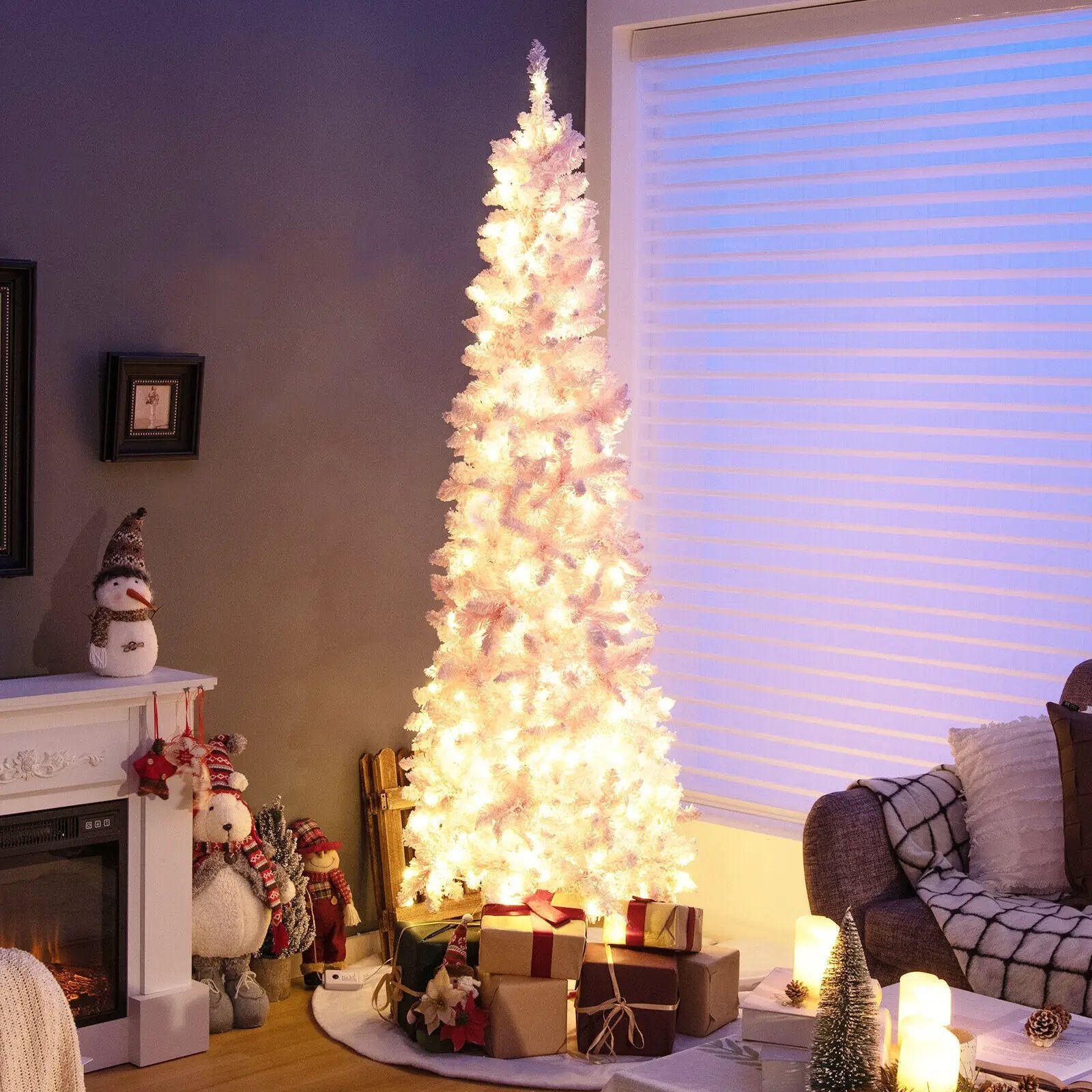 7 Feet Pre-Lit Snow Flocked Hinged Pencil Christmas Tree with 300 Lights and 8 Modes by DirectDeals
