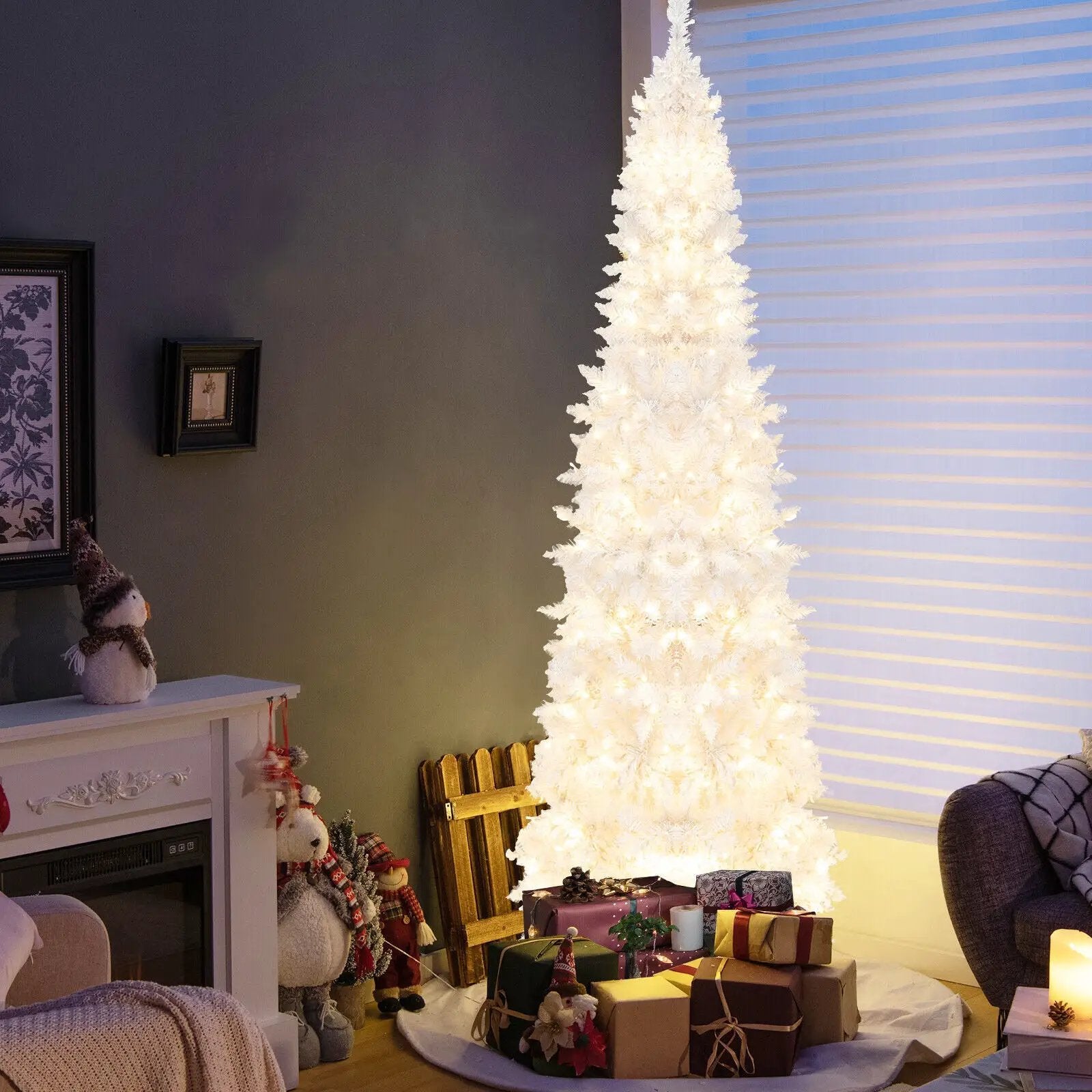 7 Feet Pre-Lit Hinged Pencil Christmas Tree White with 300 LED Lights and 8 Flash Modes by DirectDeals