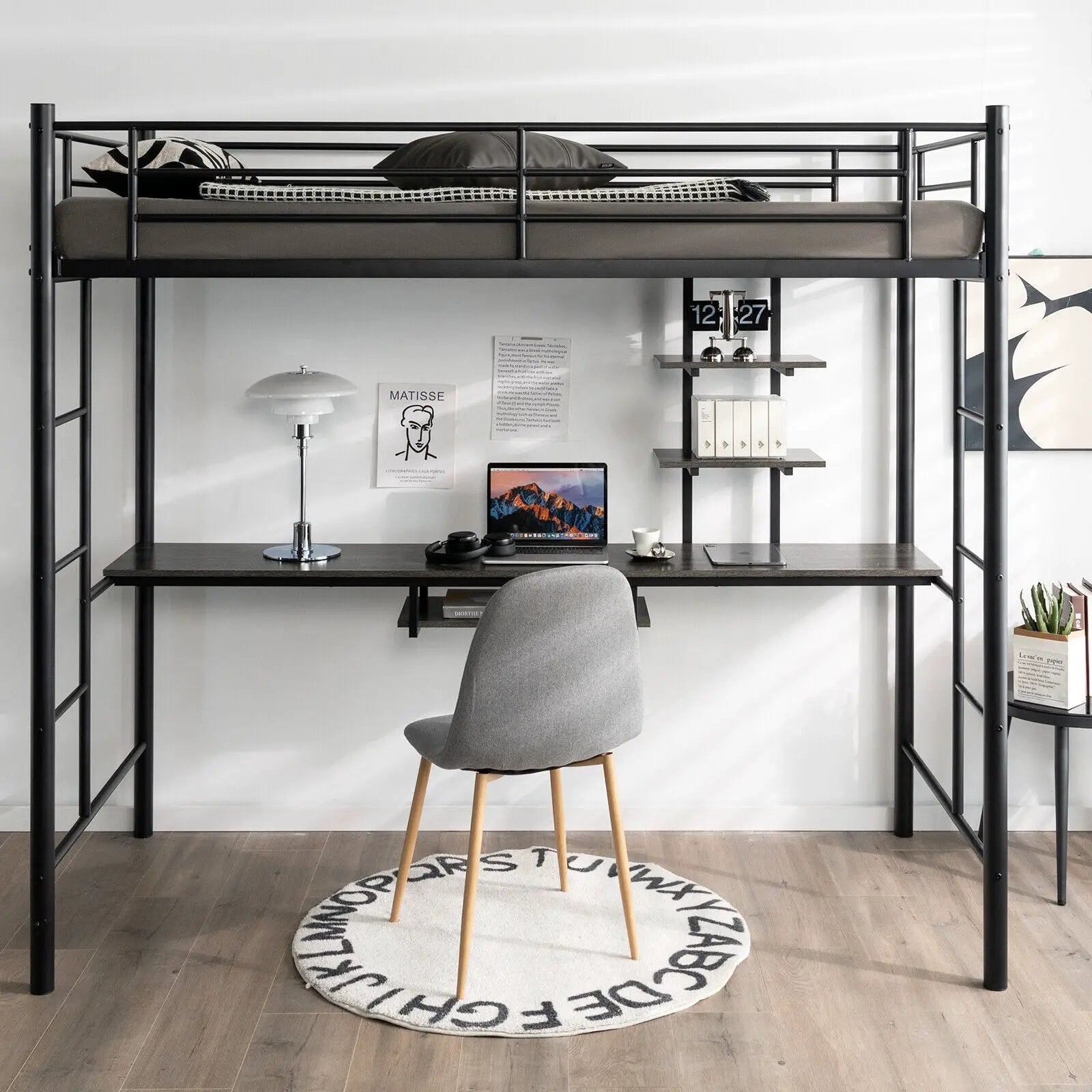 Twin Size Loft Bunk Bed with Desk Storage Shelf and Full Length Ladders-Black by DirectDeals