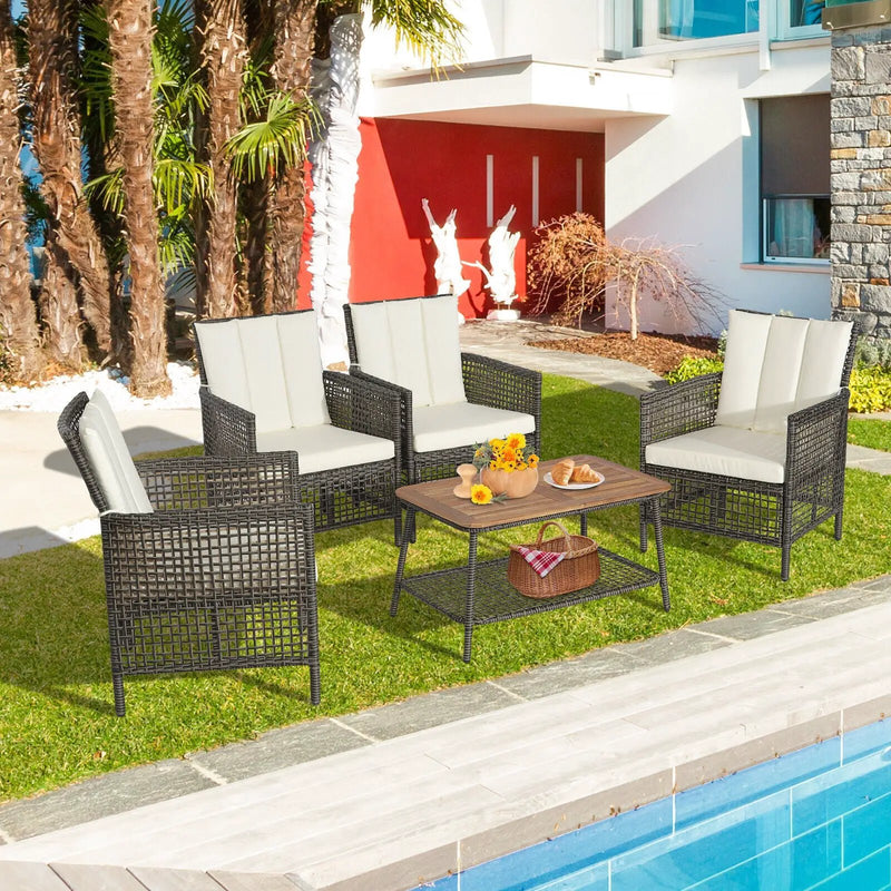 5 Pieces Patio Rattan Furniture Set Cushioned Sofa Armrest Wooden Tabletop-Off White by DirectDeals