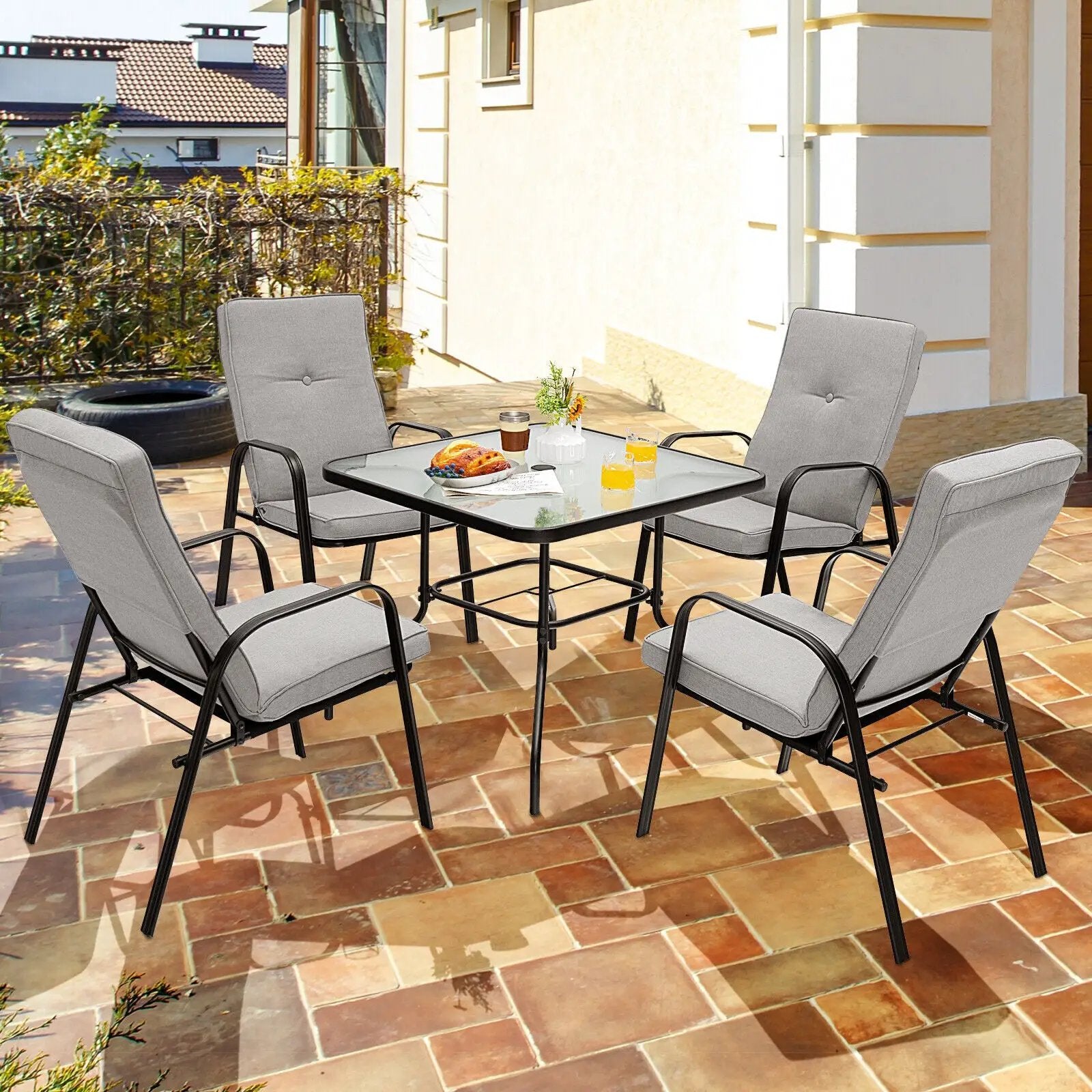 35 Inch Patio Dining Square Tempered Glass Table with Umbrella Hole by DirectDeals