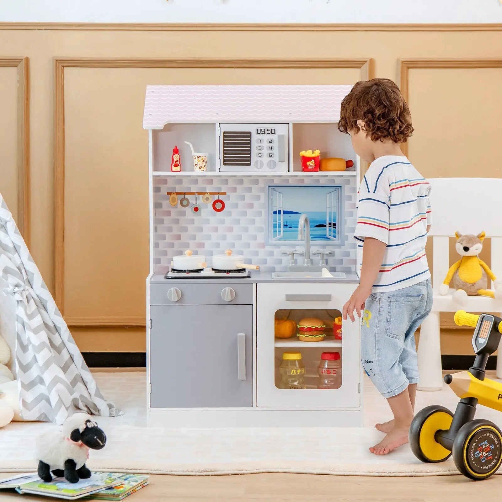 2-In-1 Double Sided Kids Kitchen Playset and Dollhouse with Furniture by DirectDeals