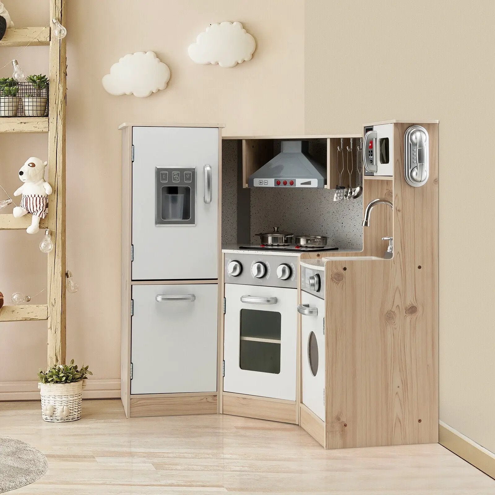 Kids Corner Wooden Kitchen Playset with Cookware Accessories by DirectDeals