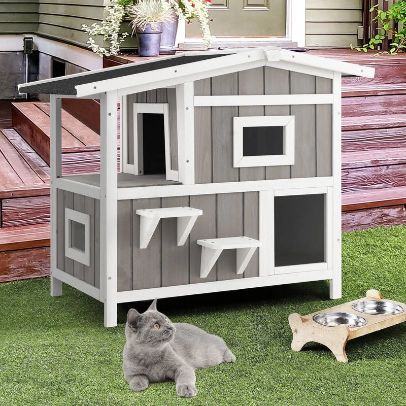 Outdoor 2-Story Wooden Feral Cat House with Escape Door-Gray by DirectDeals