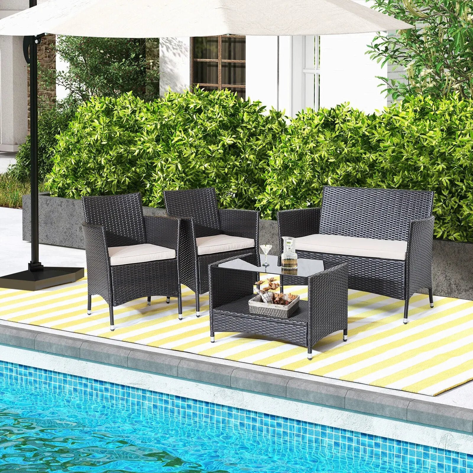 4 Pieces Patio Conversation Set with Soft Cushions and Tempered Glass Tabletop by DirectDeals