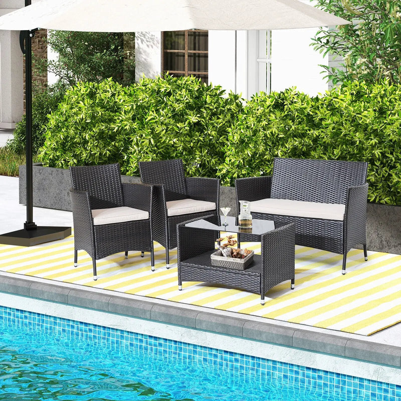 4 Pieces Patio Conversation Set with Soft Cushions and Tempered Glass Tabletop by DirectDeals