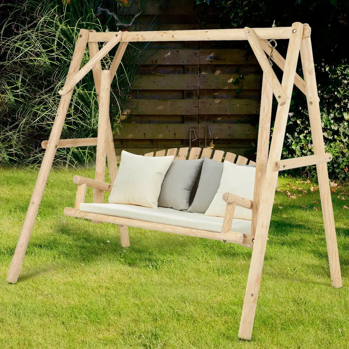 Outdoor Wooden Porch Bench Swing Chair with Rustic Curved Back by DirectDeals