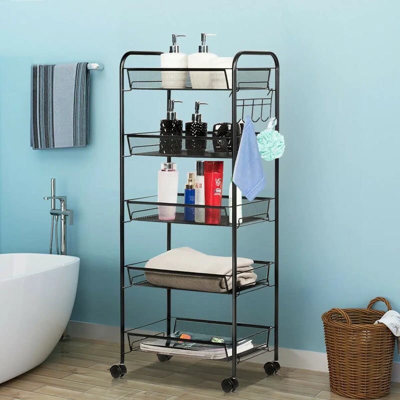 5 Tier Mesh Rolling File Utility Cart Storage Basket-Black by DirectDeals