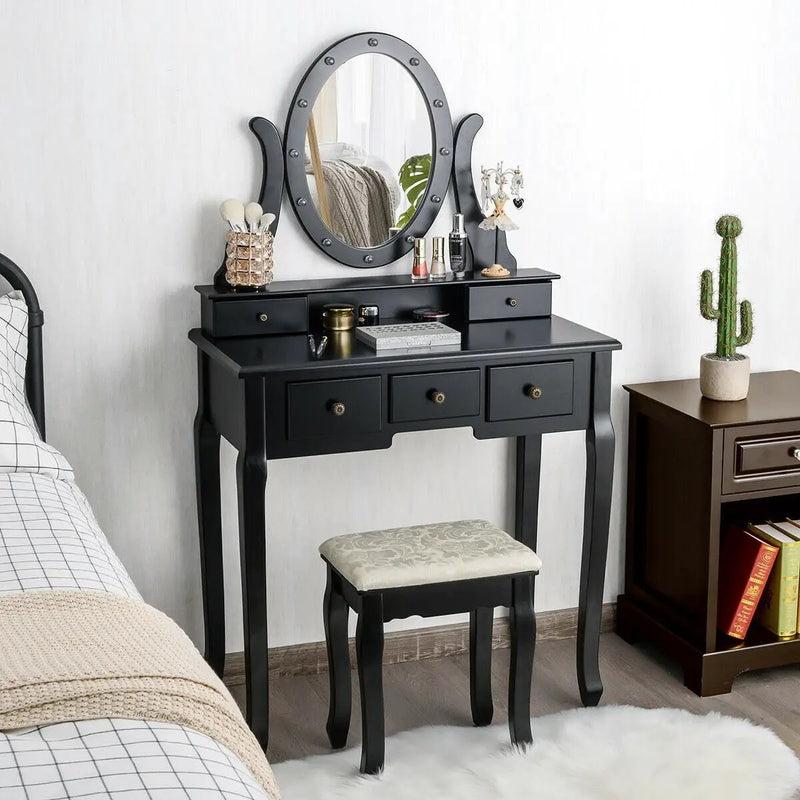 5 Drawers Vanity Table Stool Set with 12-LED Bulbs by DirectDeals