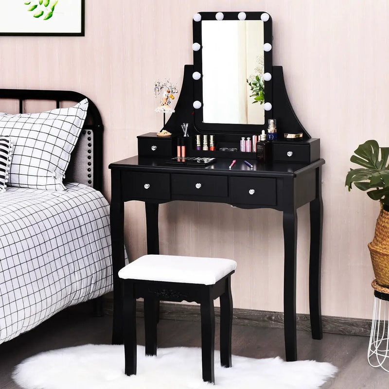 10 Dimmable Light Bulbs Vanity Dressing Table with 2 Dividers and Cushioned Stool by DirectDeals