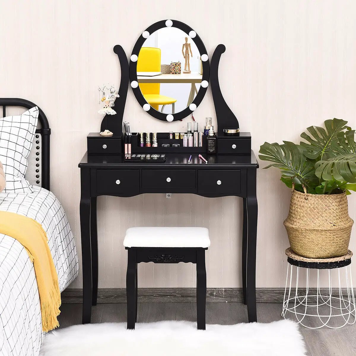 10 Dimmable Lights Vanity Table Set with Lighted Mirror and Cushioned Stool by DirectDeals