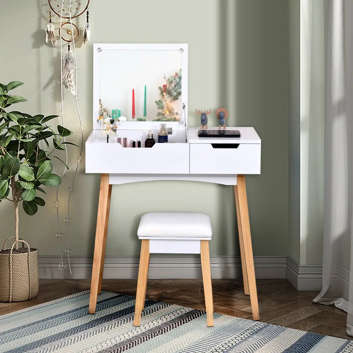 Wooden Vanity Table with Flip Top Mirror and Cushioned Stool by DirectDeals