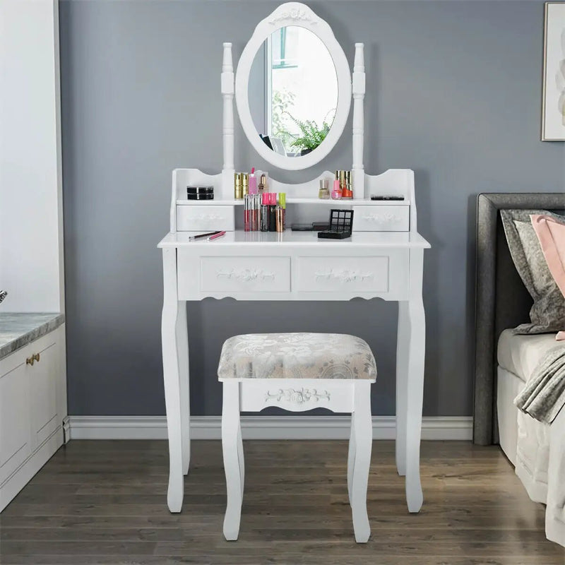 Vanity Table Set with Oval Mirror and 4 Drawers-White by DirectDeals