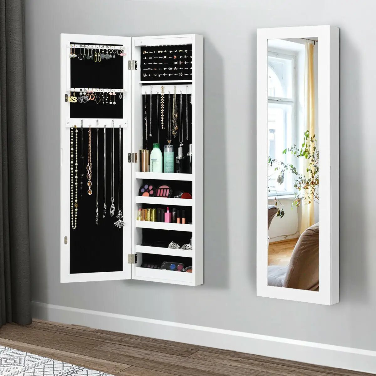 Wall And Door Mirrored Jewelry Cabinet With LED Light by DirectDeals