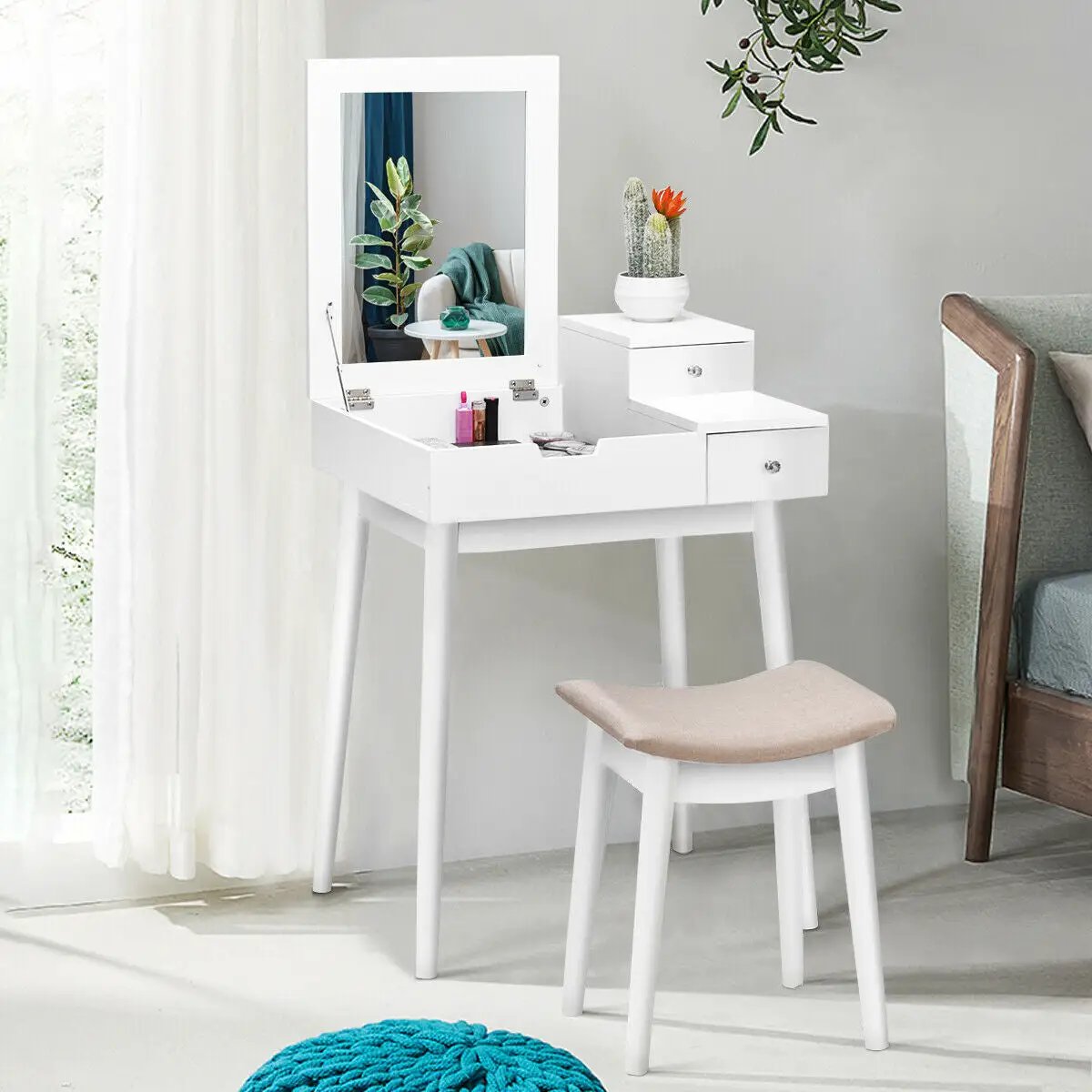 Vanity Dressing Table Set Flip Mirror Desk Furniture Stool by DirectDeals