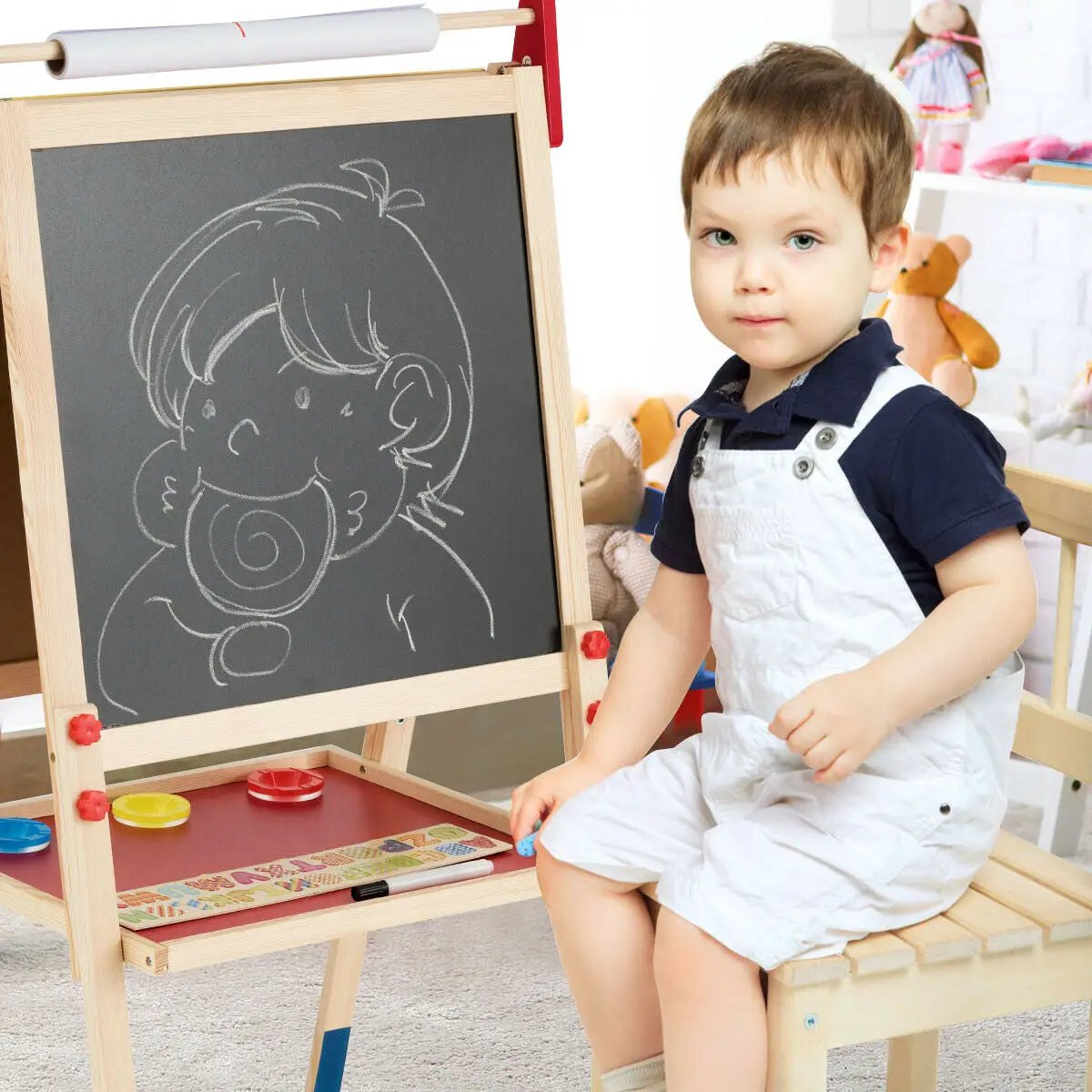 All-in-One Wooden Height Adjustable Kid's Art Easel with Magnetic Stickers and Paper by DirectDeals