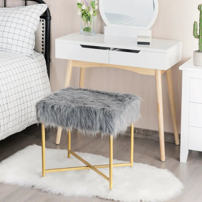 Faux Fur Ottoman Decorative Stool with Metal Legs by DirectDeals