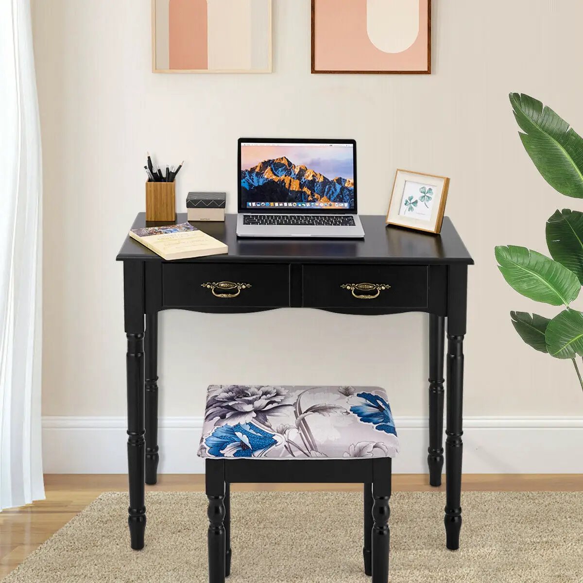 Simple Vanity Set with Tri-Folding Mirror Drawers and Storage Shelf by DirectDeals