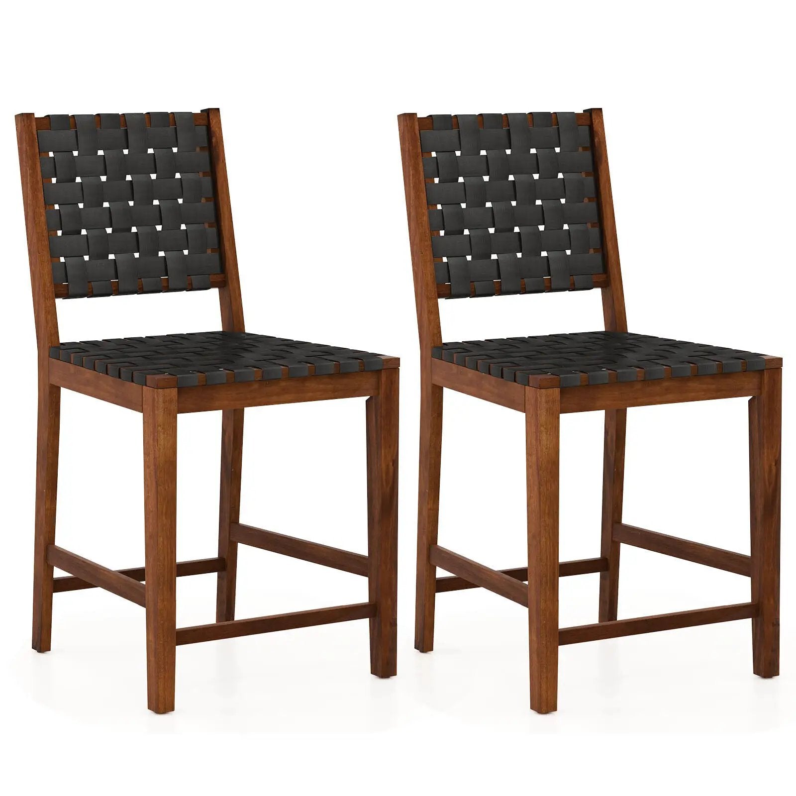 Set of 2 Woven Bar Stools with Faux PU Leather Straps-Black by DirectDeals