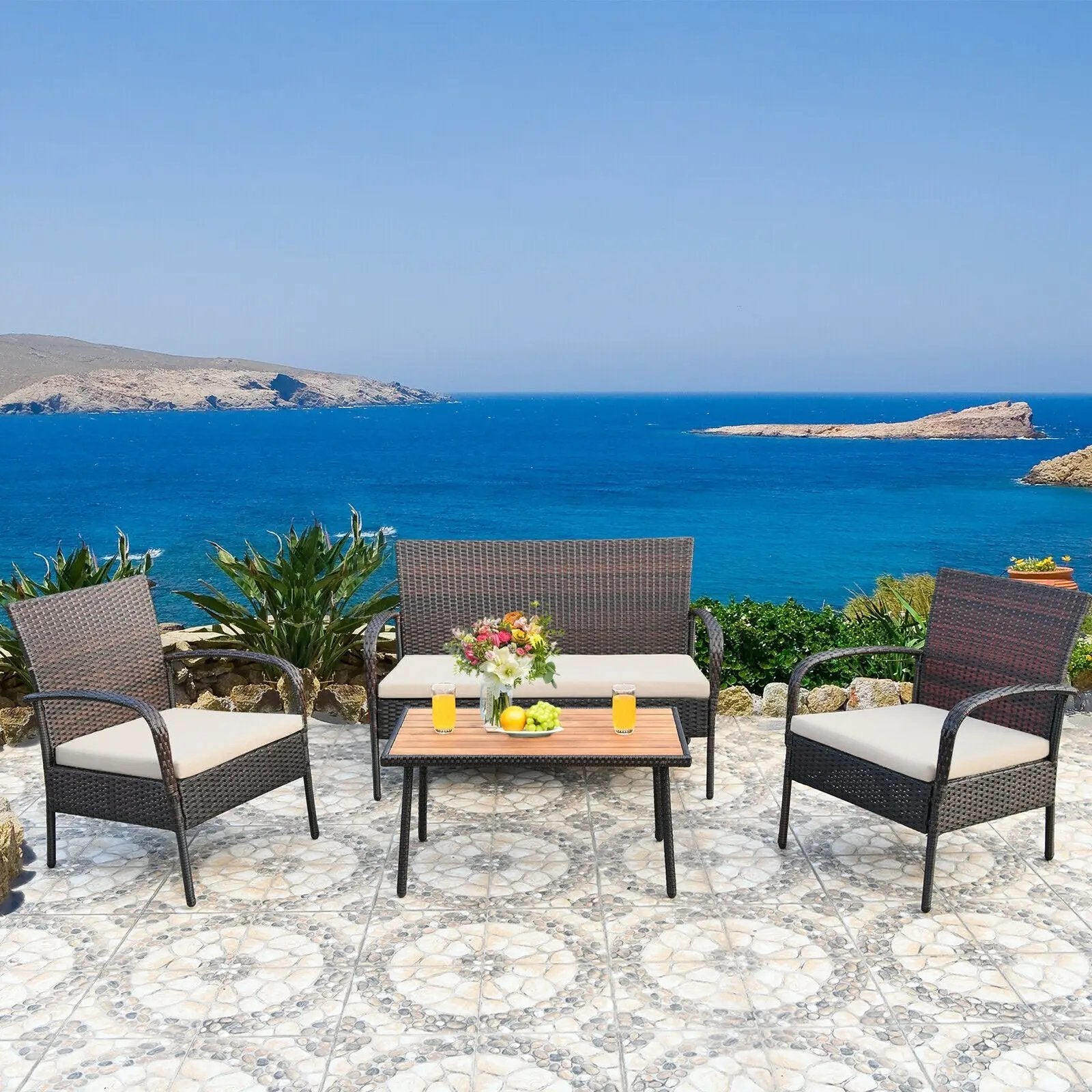 4 Pieces Patio Cushioned Wicker Conversation Set with Acacia Wood Tabletop by DirectDeals