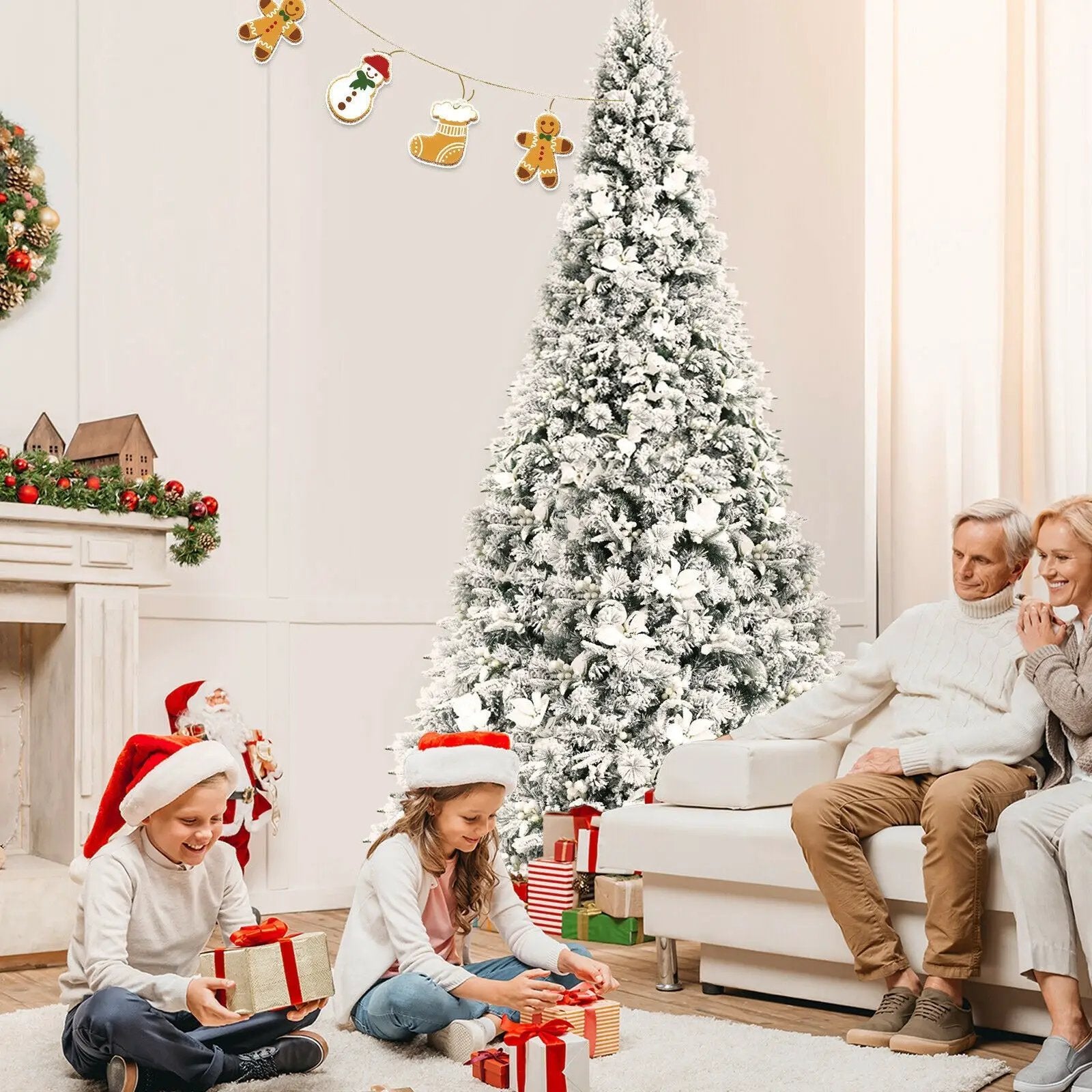 8 Feet Snow Flocked Hinged Christmas Tree with Berries and Poinsettia Flowers by DirectDeals