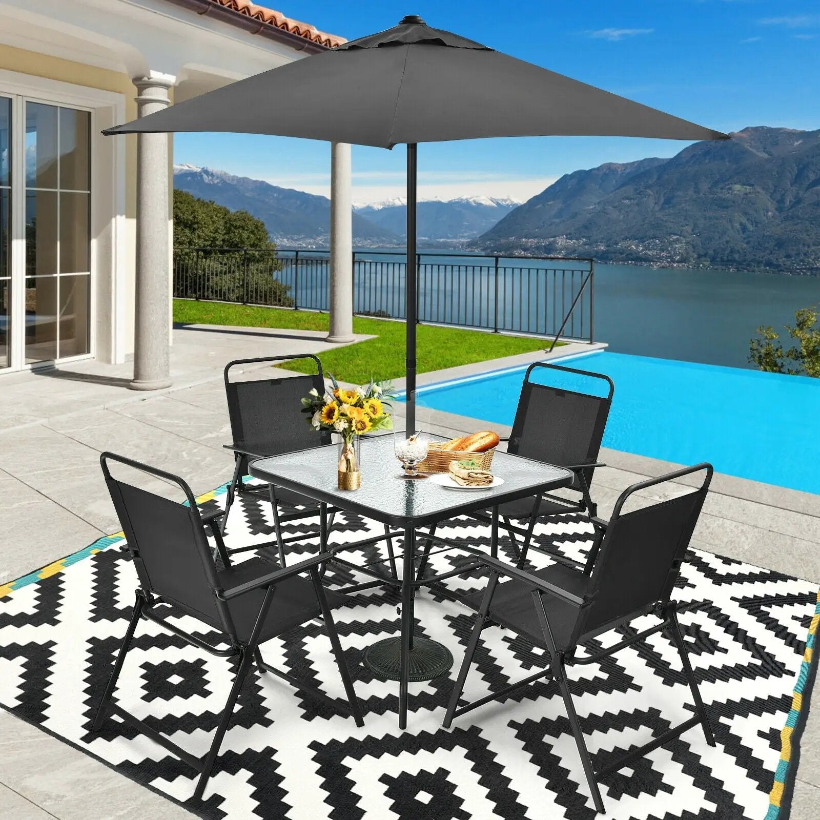 6 Pieces Patio Dining Set with Umbrella-Gray by DirectDeals