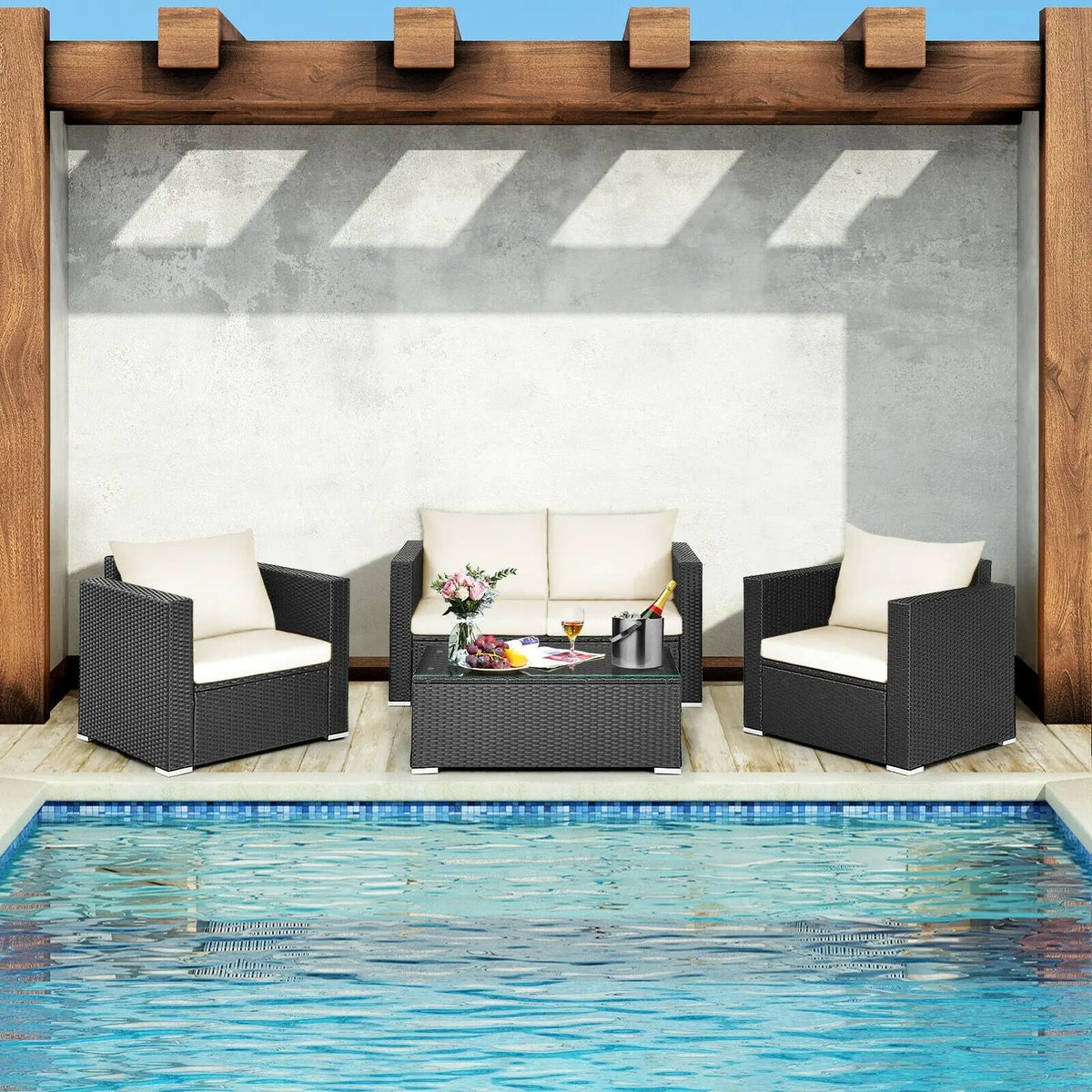 4 Pieces Patio Rattan Conversation Set with Cushions and Coffee Table-Black, photo 6 of 12