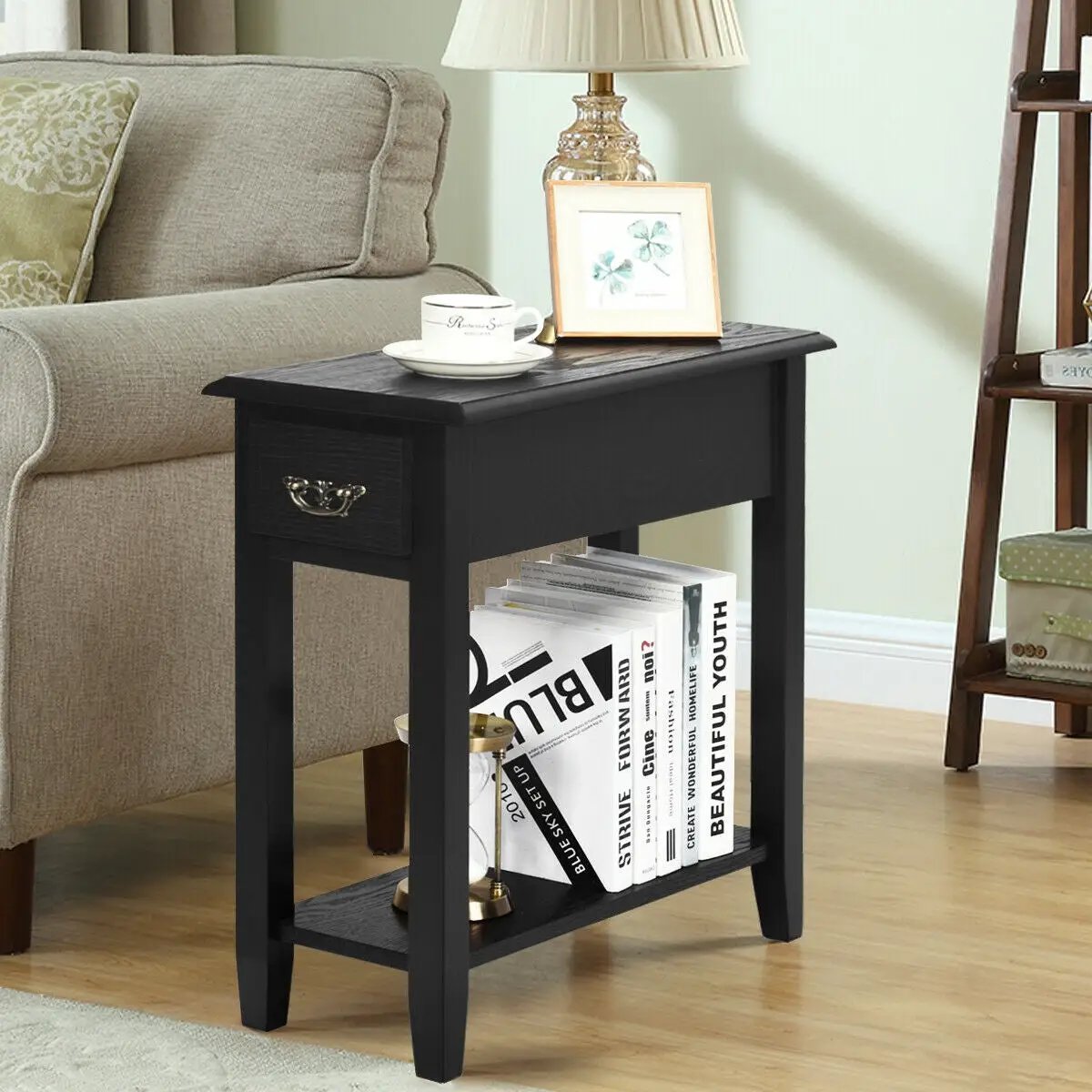 2 Pieces 2 Tier Sofa Side End Table with Drawer and Open Shelf, photo 2 of 10