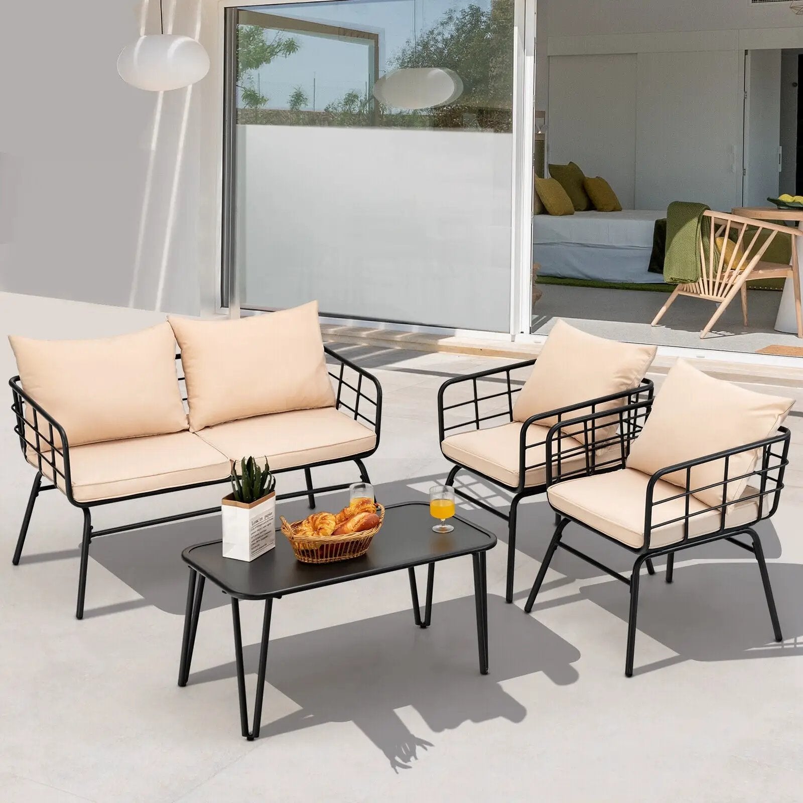 4 Pieces Patio Furniture Set with Seat Back Cushions for Garden-Beige by DirectDeals