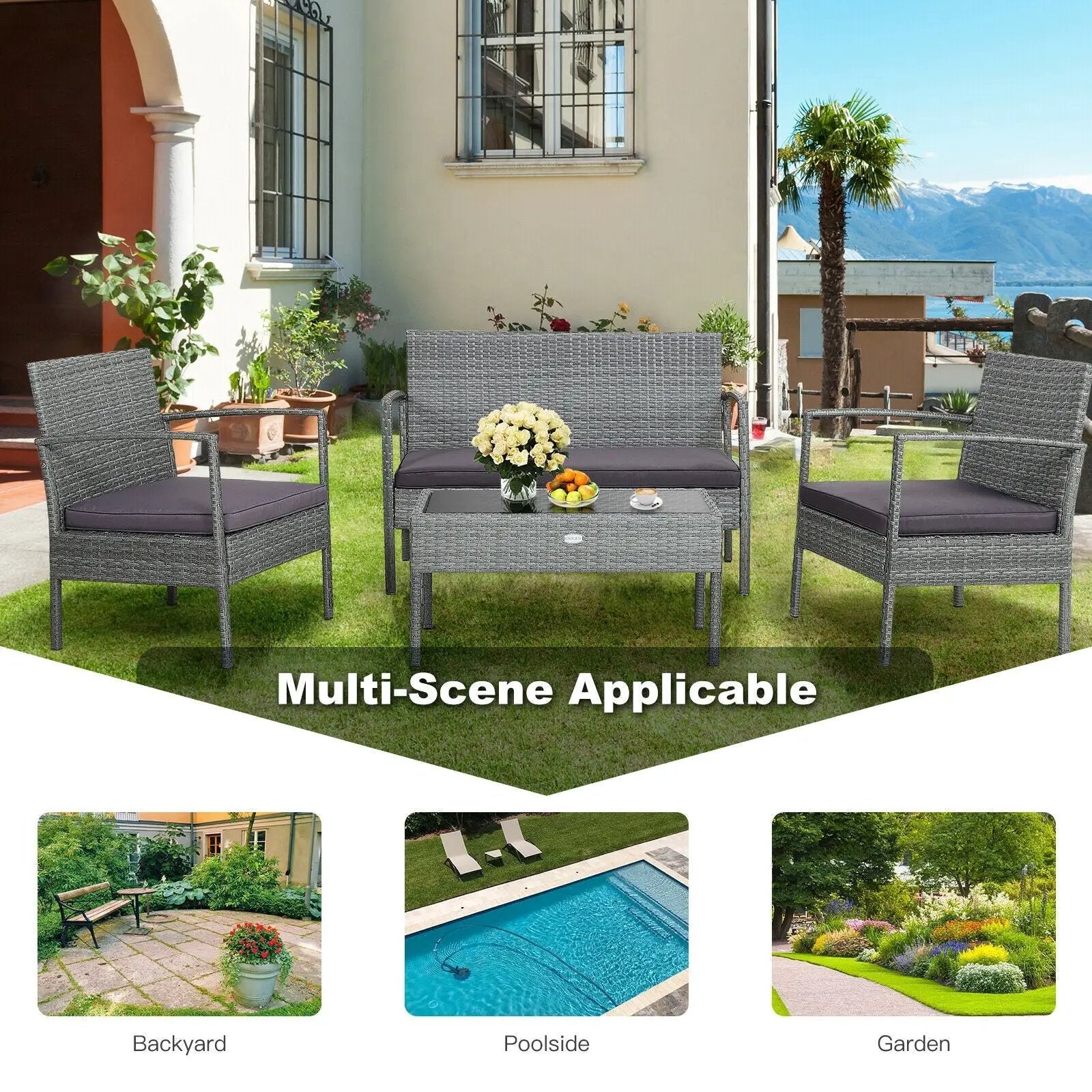 4 Pieces Outdoor Rattan Conversation Set with Comfortable Cushion by DirectDeals