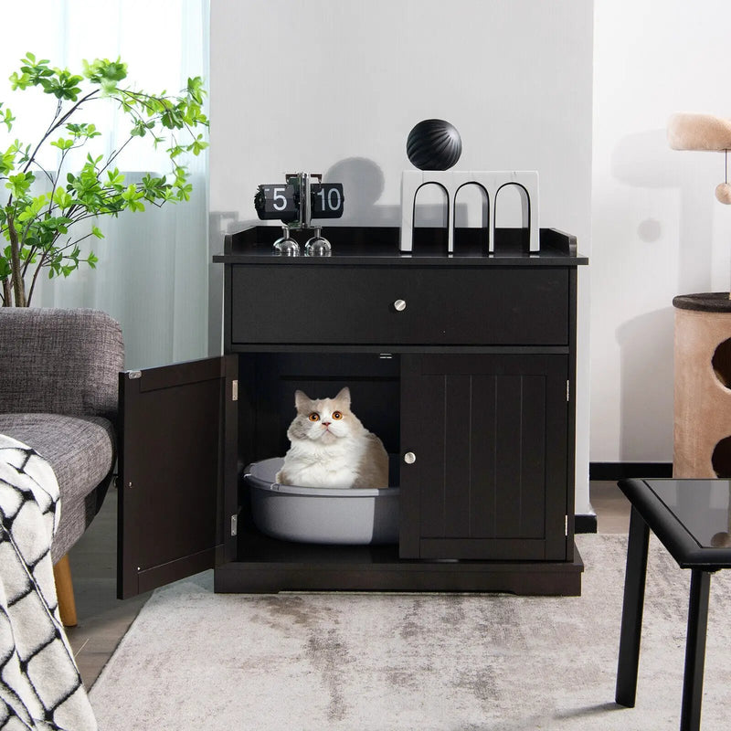 Wooden Cat Litter Box Enclosure with Drawer Side Table Furniture by DirectDeals