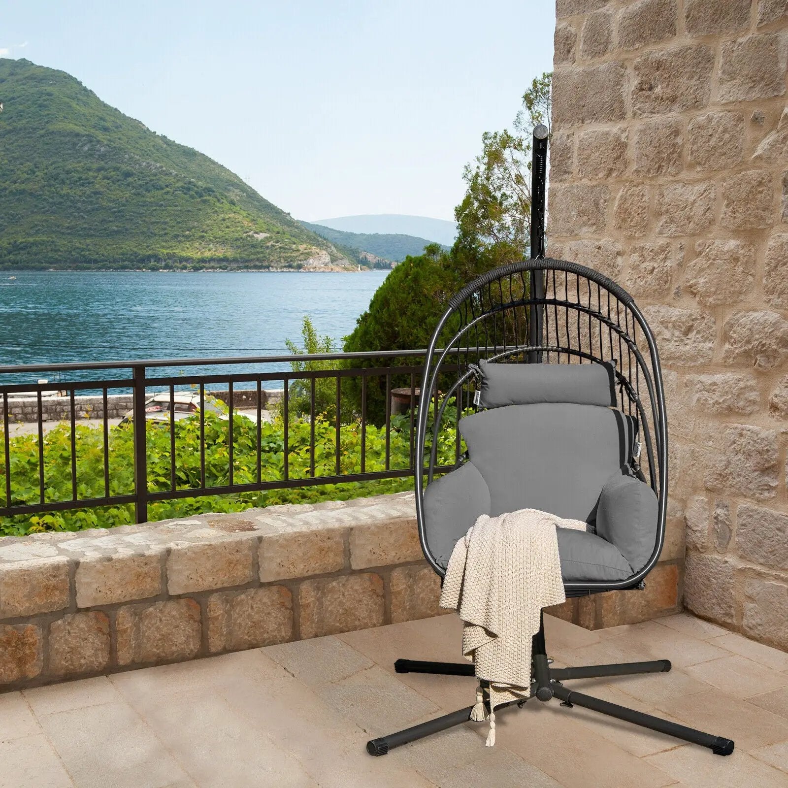 Hanging Folding Egg Chair with Stand Soft Cushion Pillow Swing Hammock by DirectDeals