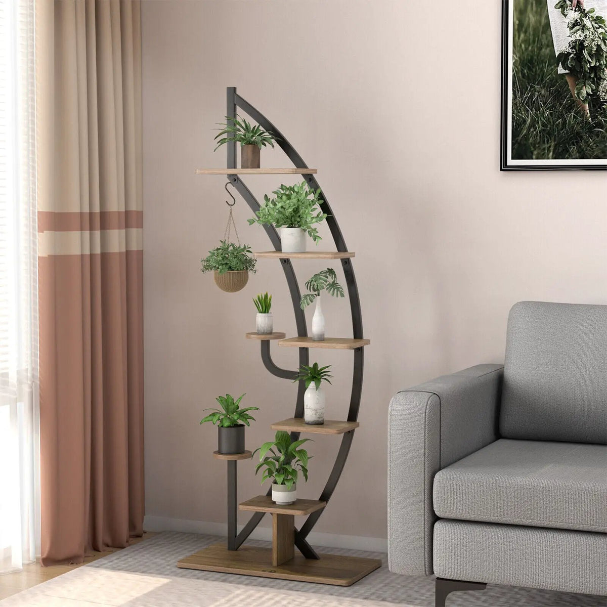 6-Tier 9 Potted Metal Plant Stand Holder Display Shelf with Hook-White, photo 2 of 7