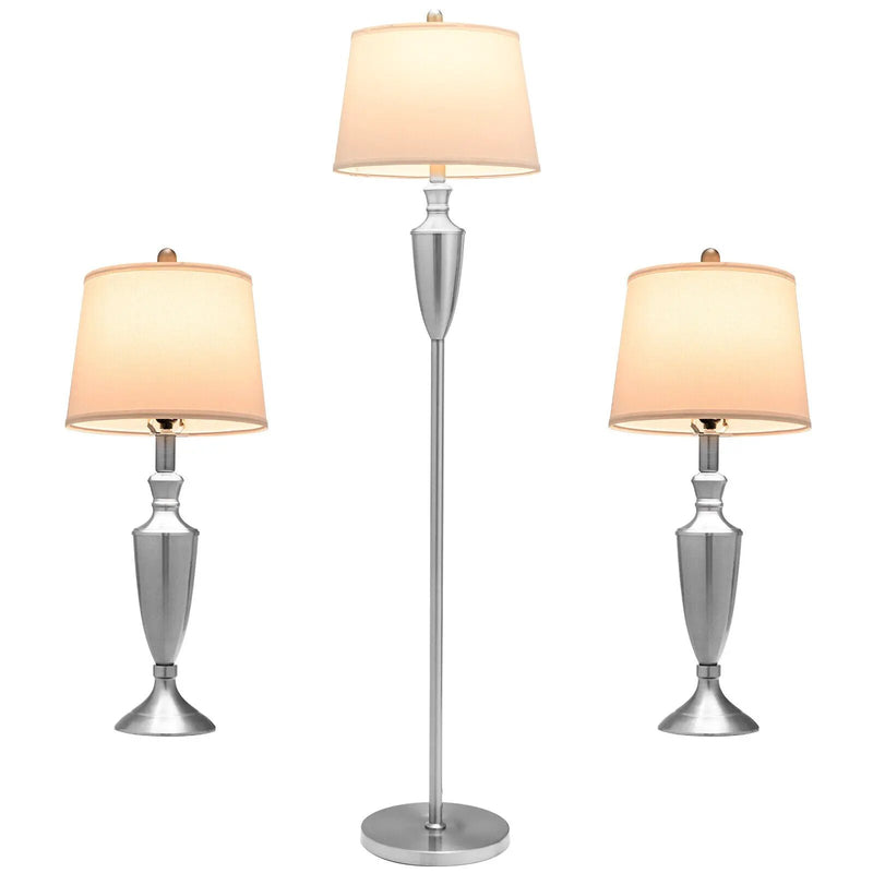 3 Piece Lamp with Set Modern Floor Lamp and 2 Table Lamps-Silver by DirectDeals