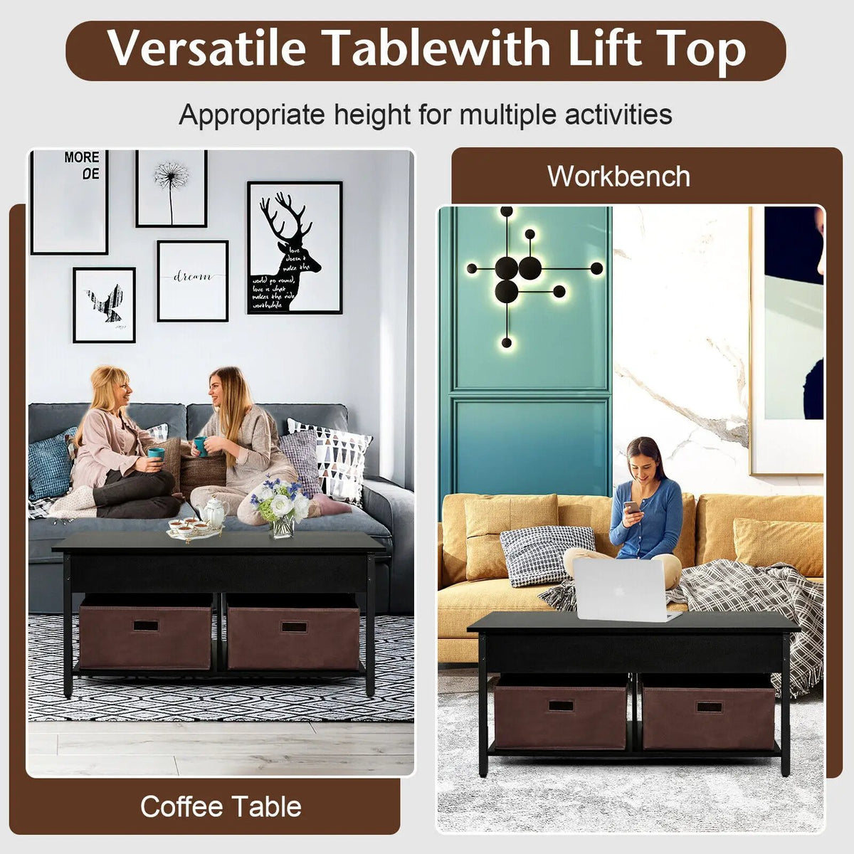 Lift Top Coffee Table Central Table with Drawers and Hidden Compartment for Living Room, photo 22 of 24