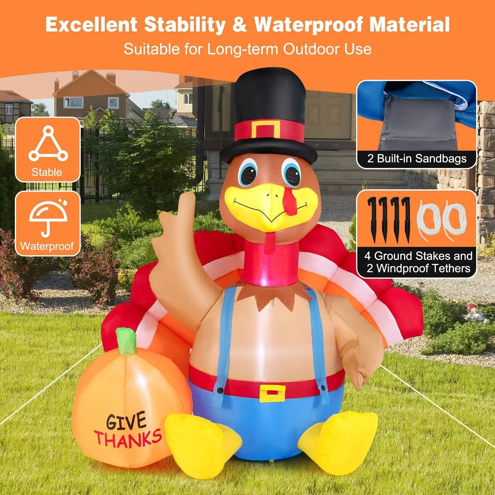6 Feet Thanksgiving Inflatable Turkey with Pumpkin Fall Harvest Decor with Lights by DirectDeals
