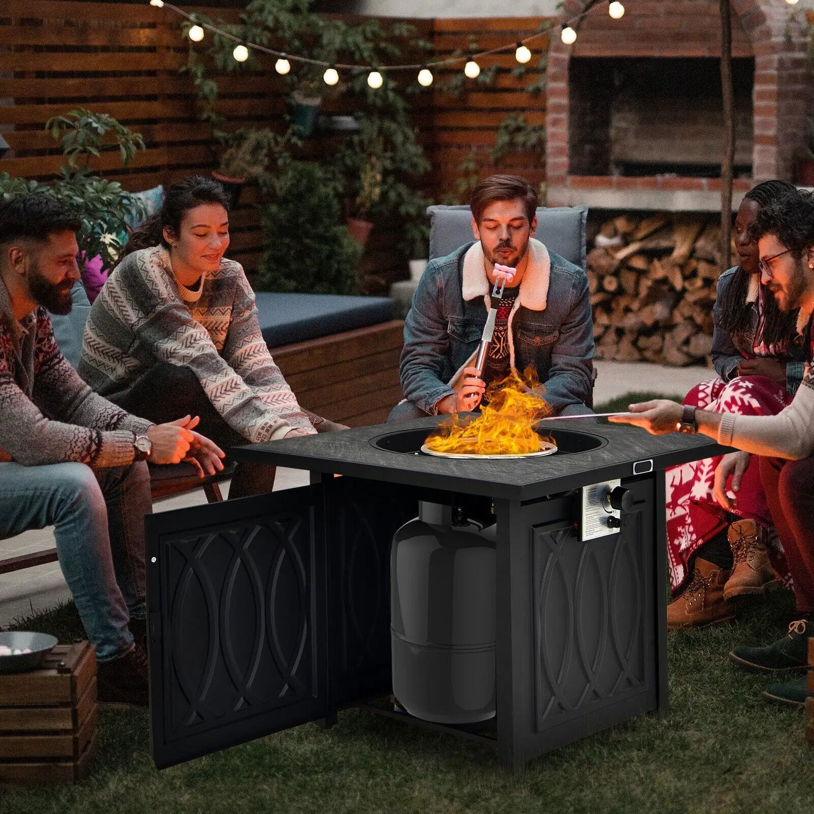 32 Inch Propane Fire Pit Table Square Tabletop with Lava Rocks Cover 50000 BTU-Black by DirectDeals