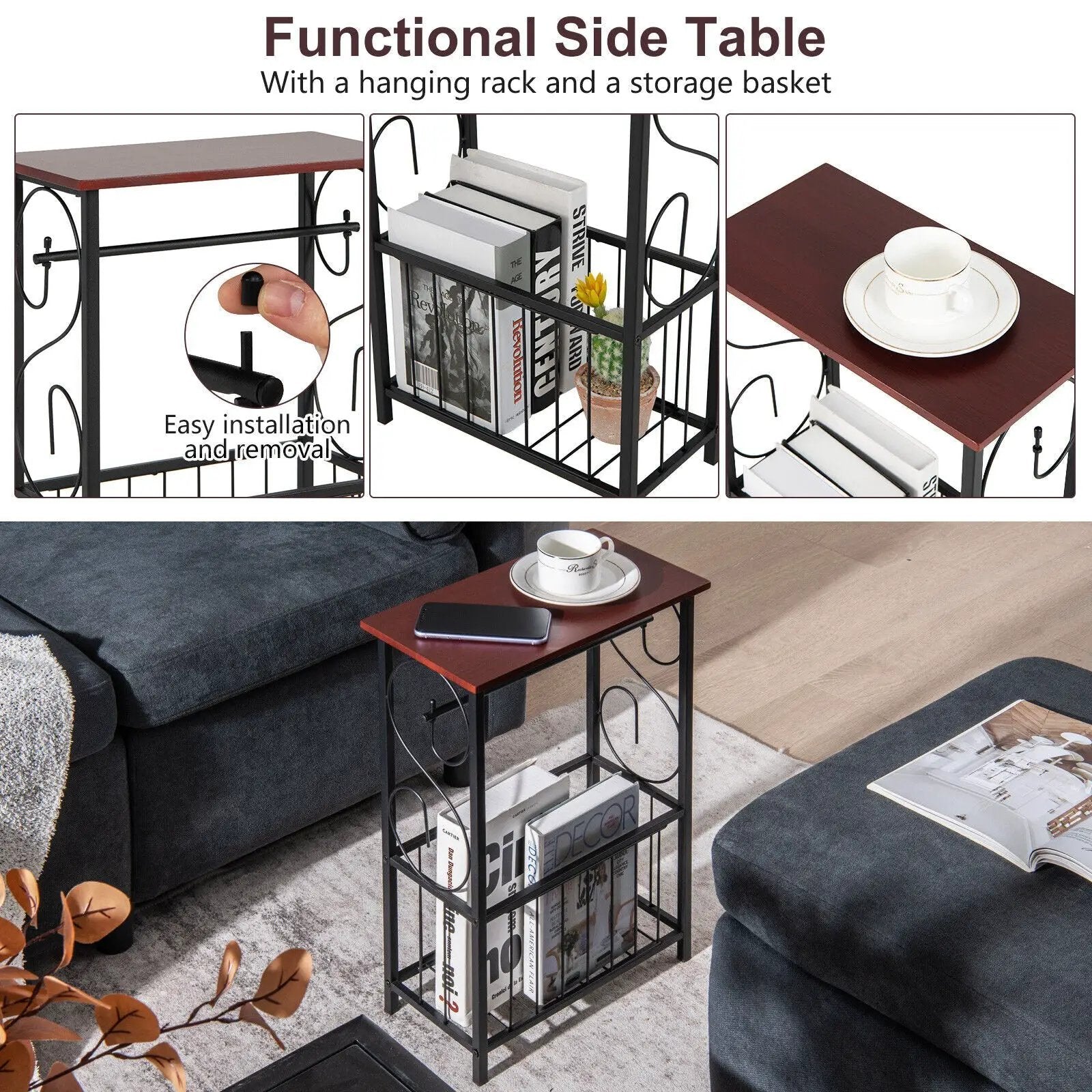 Side Sofa Narrow Table with Removable Paper Holder for Living Room-Brown by DirectDeals