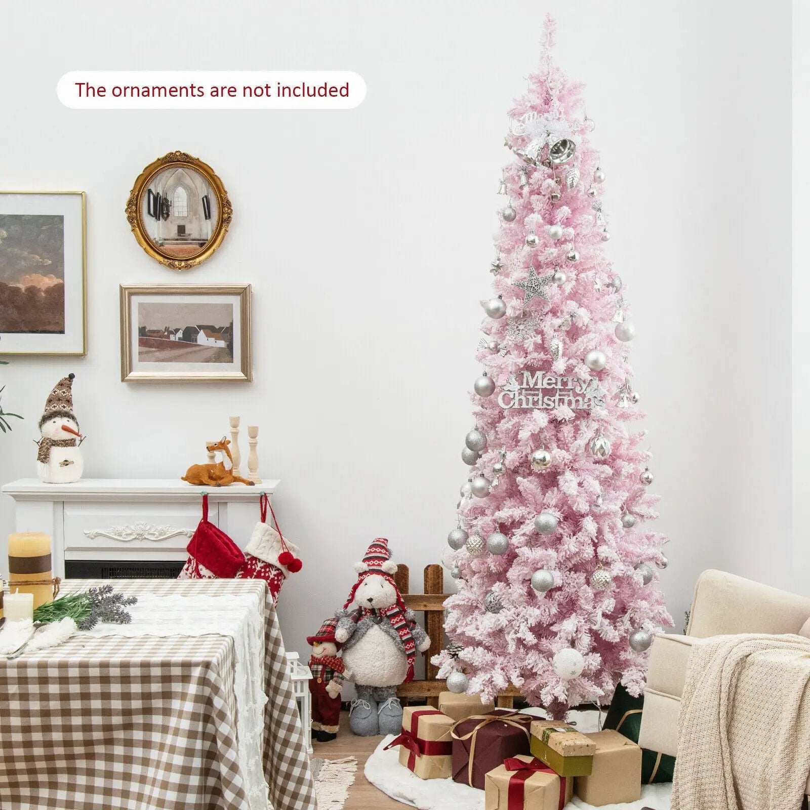 7 Feet Pre-Lit Snow Flocked Hinged Pencil Christmas Tree with 300 Lights and 8 Modes by DirectDeals