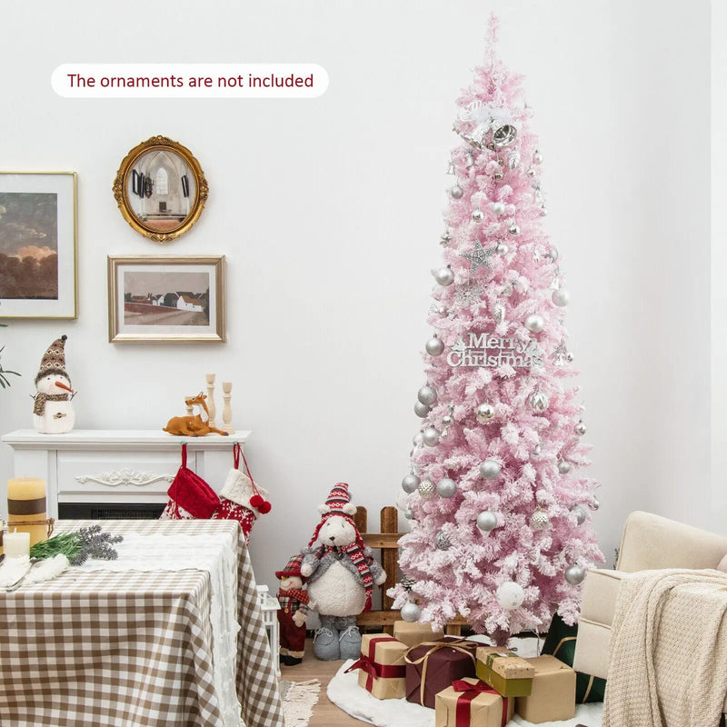 7 Feet Pre-Lit Snow Flocked Hinged Pencil Christmas Tree with 300 Lights and 8 Modes by DirectDeals