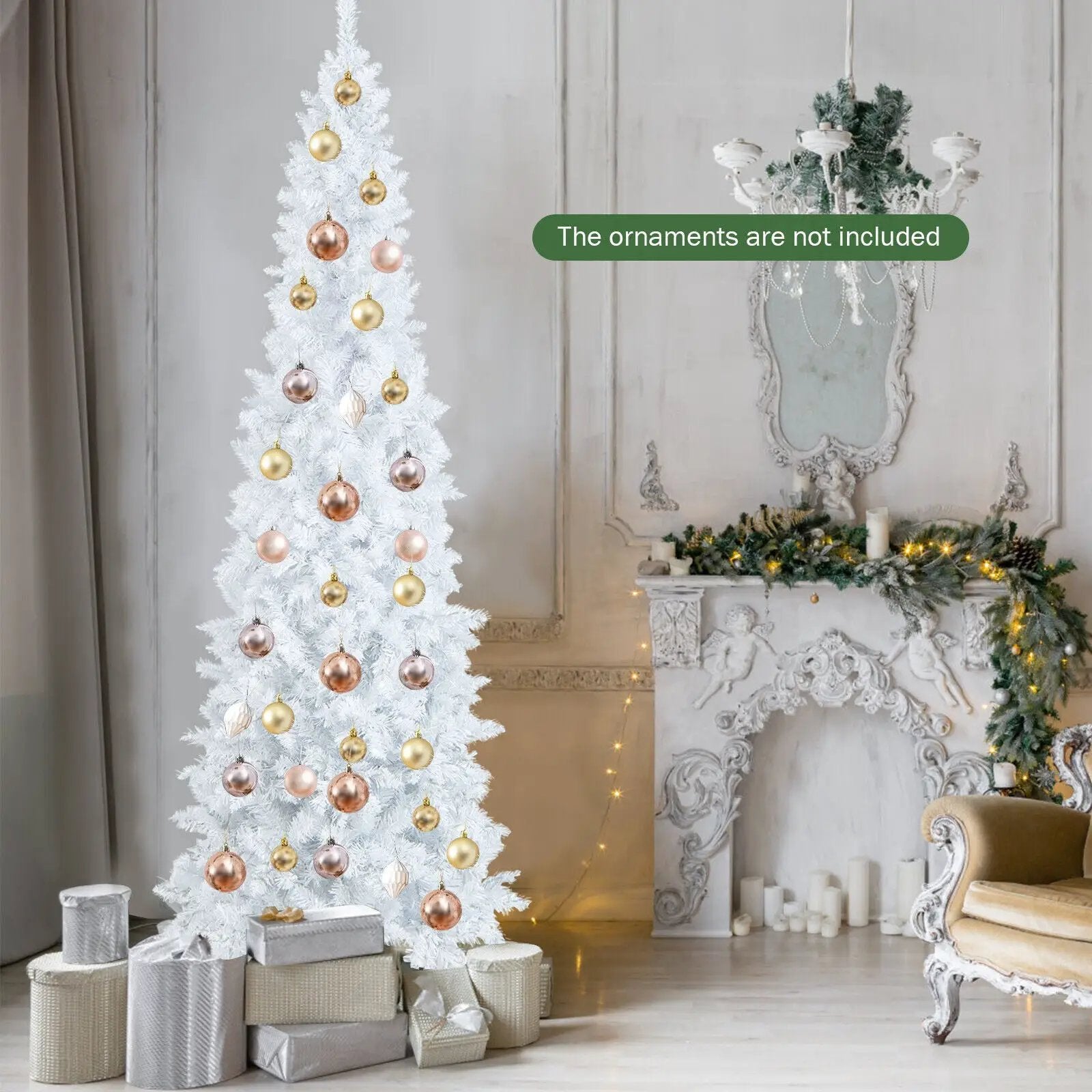 7 Feet Pre-Lit Hinged Pencil Christmas Tree White with 300 LED Lights and 8 Flash Modes by DirectDeals
