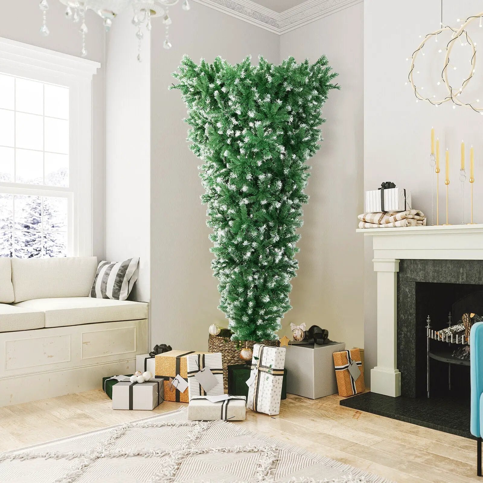 7.5 Feet Pre-Lit Snowy Upside Down Christmas Tree 1100 Tips by DirectDeals