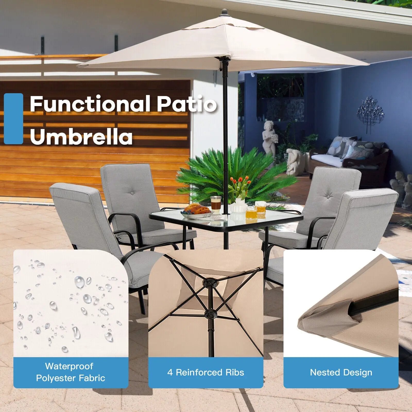 5 Feet Patio Square Market Table Umbrella Shelter with 4 Sturdy Ribs by DirectDeals
