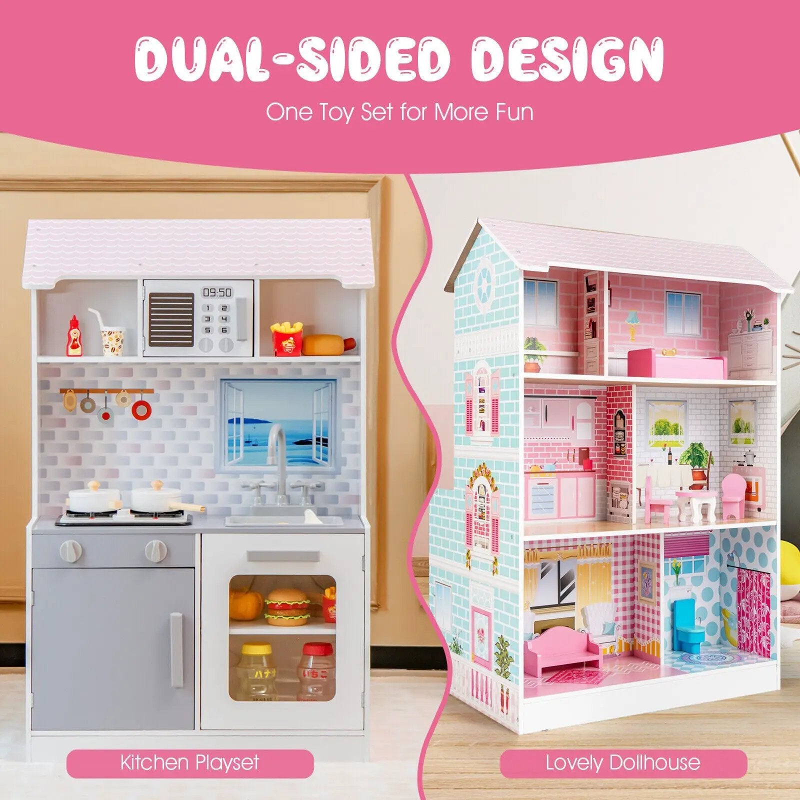 2-In-1 Double Sided Kids Kitchen Playset and Dollhouse with Furniture by DirectDeals